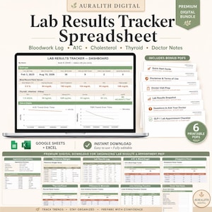 Puede incluir: Una hoja de cálculo digital para el seguimiento de resultados de laboratorio en una pantalla de portátil, con un panel de control, gráficos de tendencias y seis guías PDF imprimibles, incluyendo una guía de inicio rápido.
