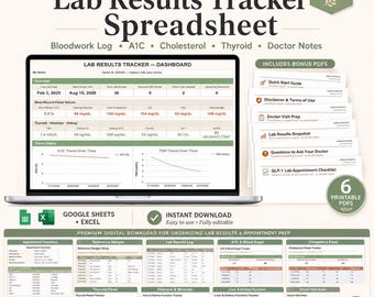 Lab Results Tracker Spreadsheet | Bloodwork Log, A1C Cholesterol Thyroid Tracker, Medical Records Organizer, Google Sheets Excel