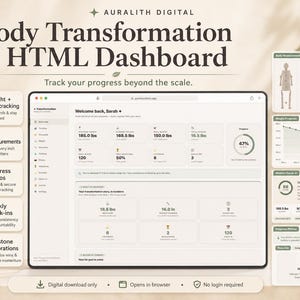 May include: A digital body transformation HTML dashboard interface displayed on a screen. The layout features data visualization widgets for weight tracking, body measurements, progress photos, weekly check-ins, and milestone celebrations in a clean, light-toned UI.