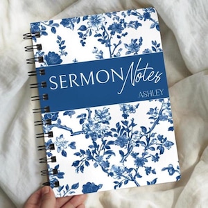 Personalized Sermon Notes Journal Blue Flowers, Custom Church Notes Journal, Personalized Bible Study Spiral Notebook, Gift for Christian