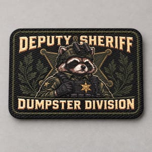 May include: A rectangular embroidered patch featuring a raccoon dressed in tactical gear, including a helmet and vest with a star emblem. The text DEPUTY SHERIFF appears at the top and DUMPSTER DIVISION at the bottom in beige lettering.