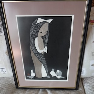 Kaoru Kawano Woodblock "Doves And Girl" framed