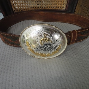 Western Alpaca silver buckle from Mexico and vintage hand tooled leather belt S 32