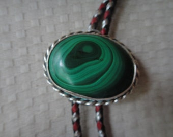 Western Bolo with large green stone silver tone with Bennett clasp and braided lariat