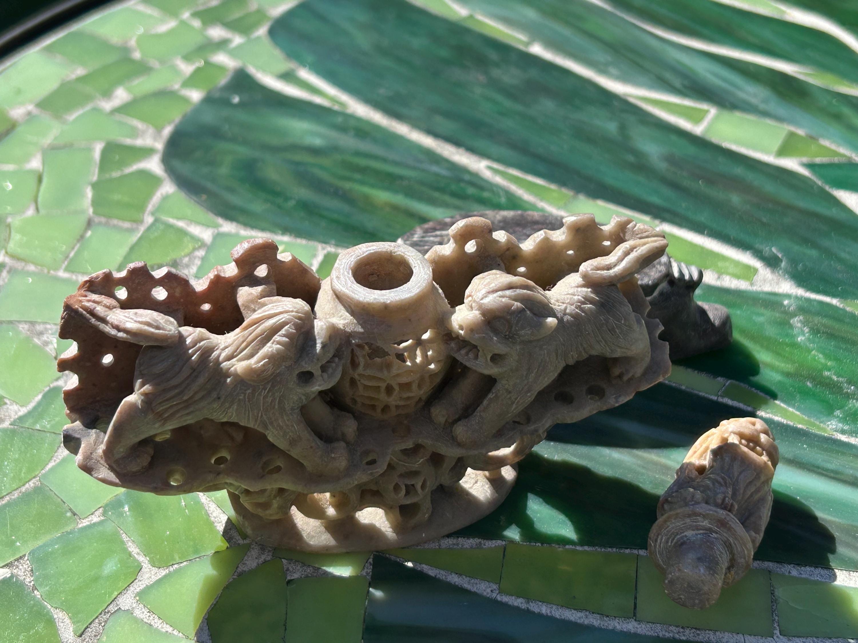 Incense Carved Soap Stone Statue Foo Dog Incense Burner 4.75