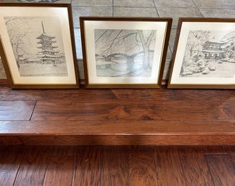Woodblock Prints X 3 Japan Pagoda of Horyuji Temple