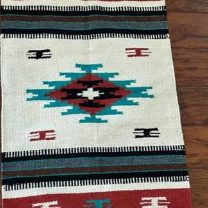 Handwoven Wool Chimayo style rug 20&quot; x 40&quot;