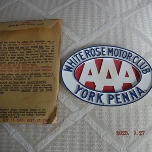 White Rose Motor Club AAA Your, Penna. Plastic car emblem. NOS. 4 1/2&quot; x 3&quot;.