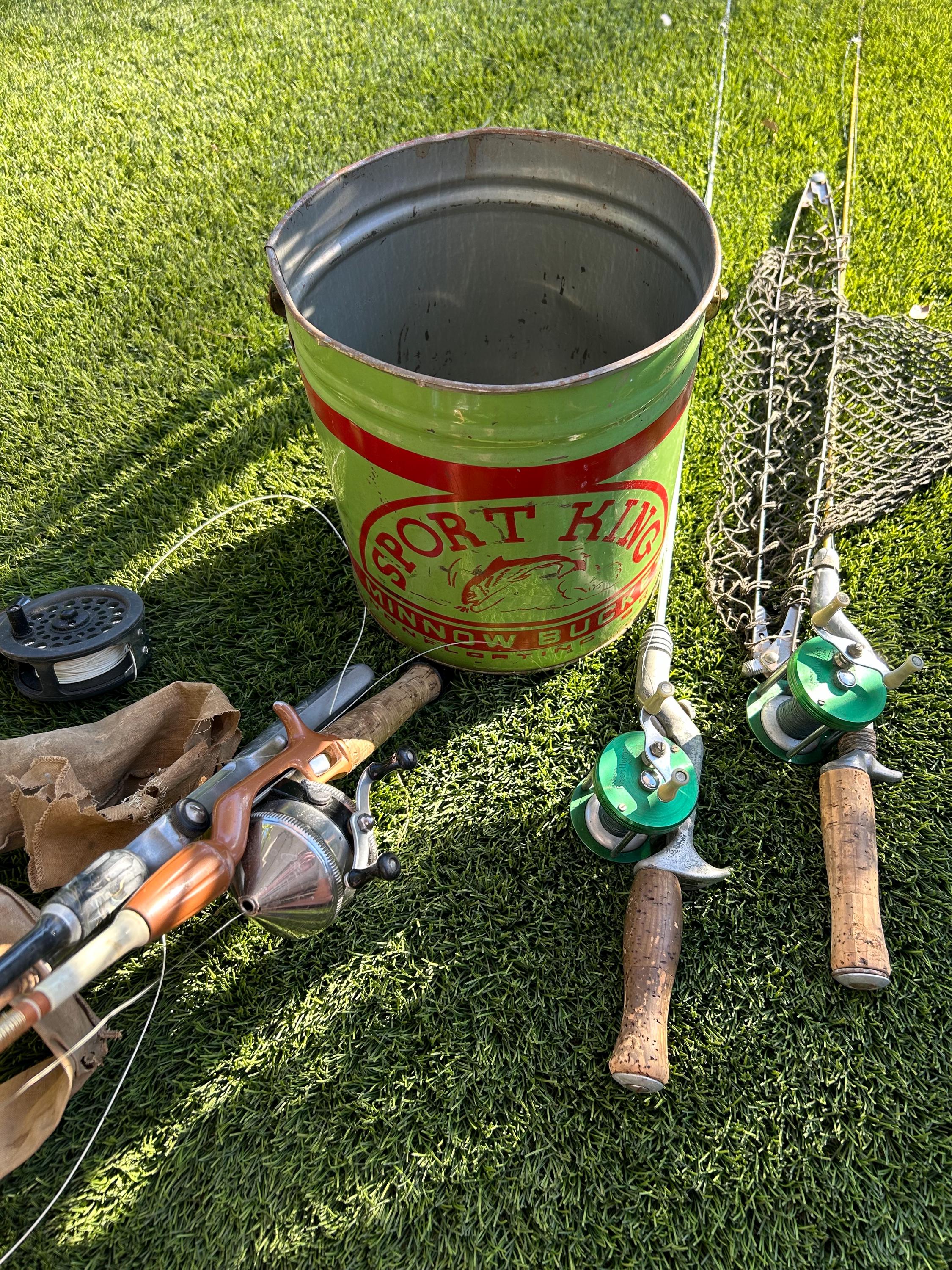 bronson green hornet fishing reel & mwtal pole Bronson Green Hornet No. 2200 Baitcasting Fishing Reel/s w pistol handle/s  metal no name poles and one net