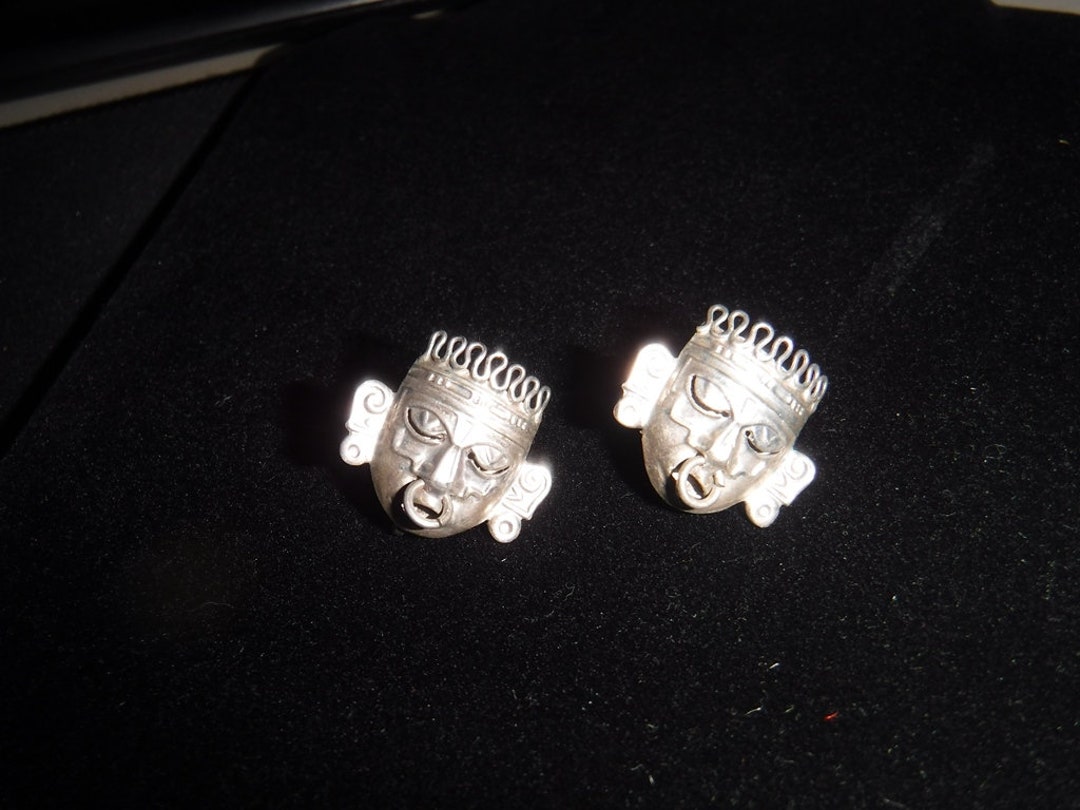 Aztec Mexico Sterling Silver Aztec Warrior Tribal Face Screw-back ...