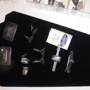 Siam Niello sterling lot for him Belt bucks x 2 tie pins x 2 and cufflinks x 3