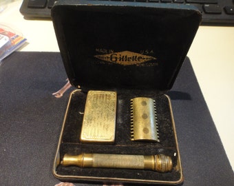 1921-1928 Gillette Old Type Set Razor stem top and case for blades Gillette Worldover in black case