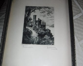 Castillo de Stolzenfels (alemán: Schloss Stolzenfels) Grabado firmado