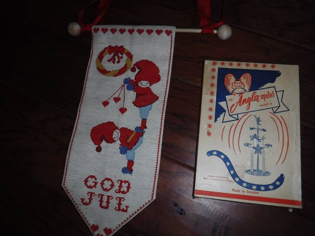 Sweden＊GOD JUL＊Christmas tapestry・* Vintage Swedish Santa Print God Jul Merry Christmas Tapestry