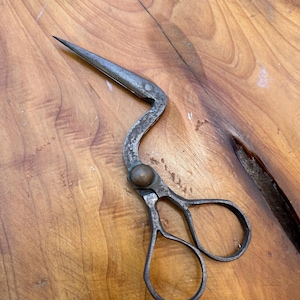 May include: Antique metal scissors with a curved design and a pointed tip. The scissors have a loop handle and a small, round pivot point. The metal has a worn, aged appearance, suggesting they are vintage or antique. The scissors are set against a wooden surface.