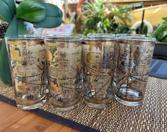 Vasos altos con diseño de mapa del Viejo Mundo de Cera, 8 vasos Atlas del mundo con hoja de oro de 22 k, uno con chip en el borde, 12 oz