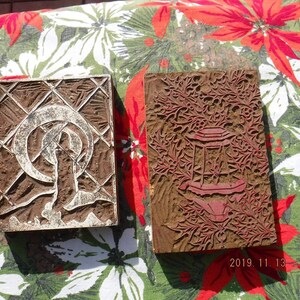 Christmas blocks linoleum stamp / carved printers block   plate / vintage Christmas candle and lantern two