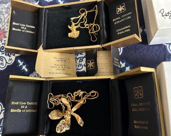 Royal Orchid Collection real live Orchids in a Mantle of 24K gold and 22" box chain/s 1980s from Thailand x 2 pcs