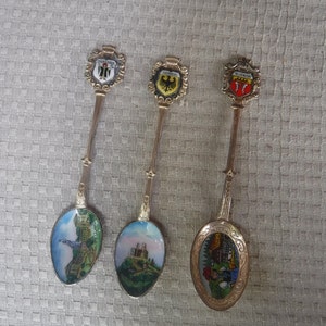 Three vintage enameled souvenir spoons Freundenstadt Munchen Oberwesel Germany