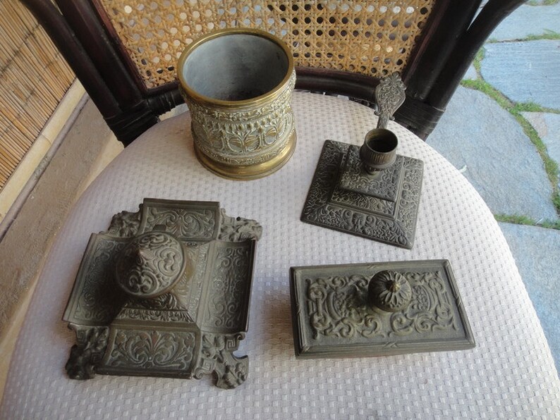 Vintage desk set Brass inkwell stand blotter candle holder and pen cup