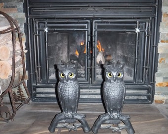 Andiron/Chenets Owl Pair Cast Iron and glass eyes