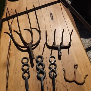 French cast iron meat/sausage hooks X 3 Two pitch fork heads and smaller meat hook 6 pieces