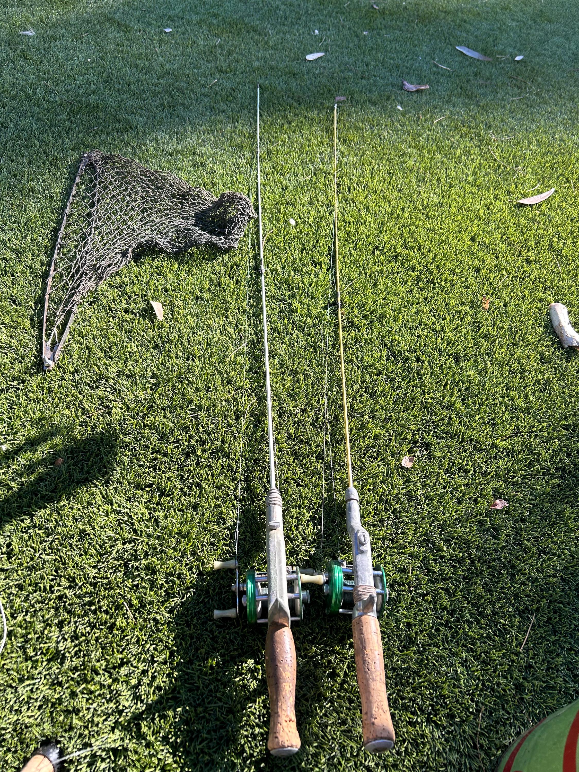 bronson green hornet fishing reel & mwtal pole Bronson Green Hornet No. 2200 Baitcasting Fishing Reel/s w pistol handle/s  metal no name poles and one net
