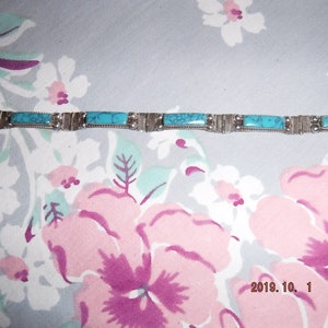 Turquoise  and silver 7" Hinged Panel Bracelet Signed RPR Cuala Mexico 925