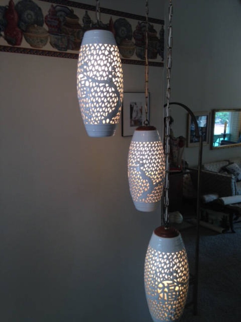 Blanc De Chine Pendant Lights Vintage White Porcelain Swag Lamps Boho Pierced Lanterns Hollywood Regency Chinoiserie
