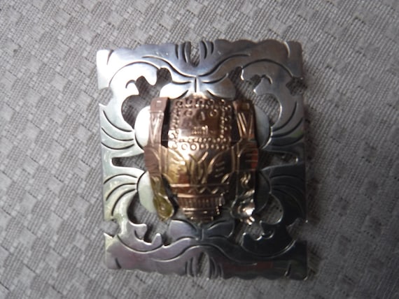 Peruvian Sterling Silver 18K Gold Inca Pin Brooch - image 1