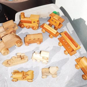 wooden toys train boat cars and such lot of 12