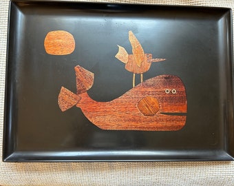 Couroc of Monterey Whale and bird wood inlay black phenolic resin tray. Larger size approx. 125" x 18"L