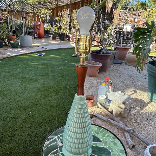 Reserved for Denise Mid century teak/walnut and ceramic table lamp blue