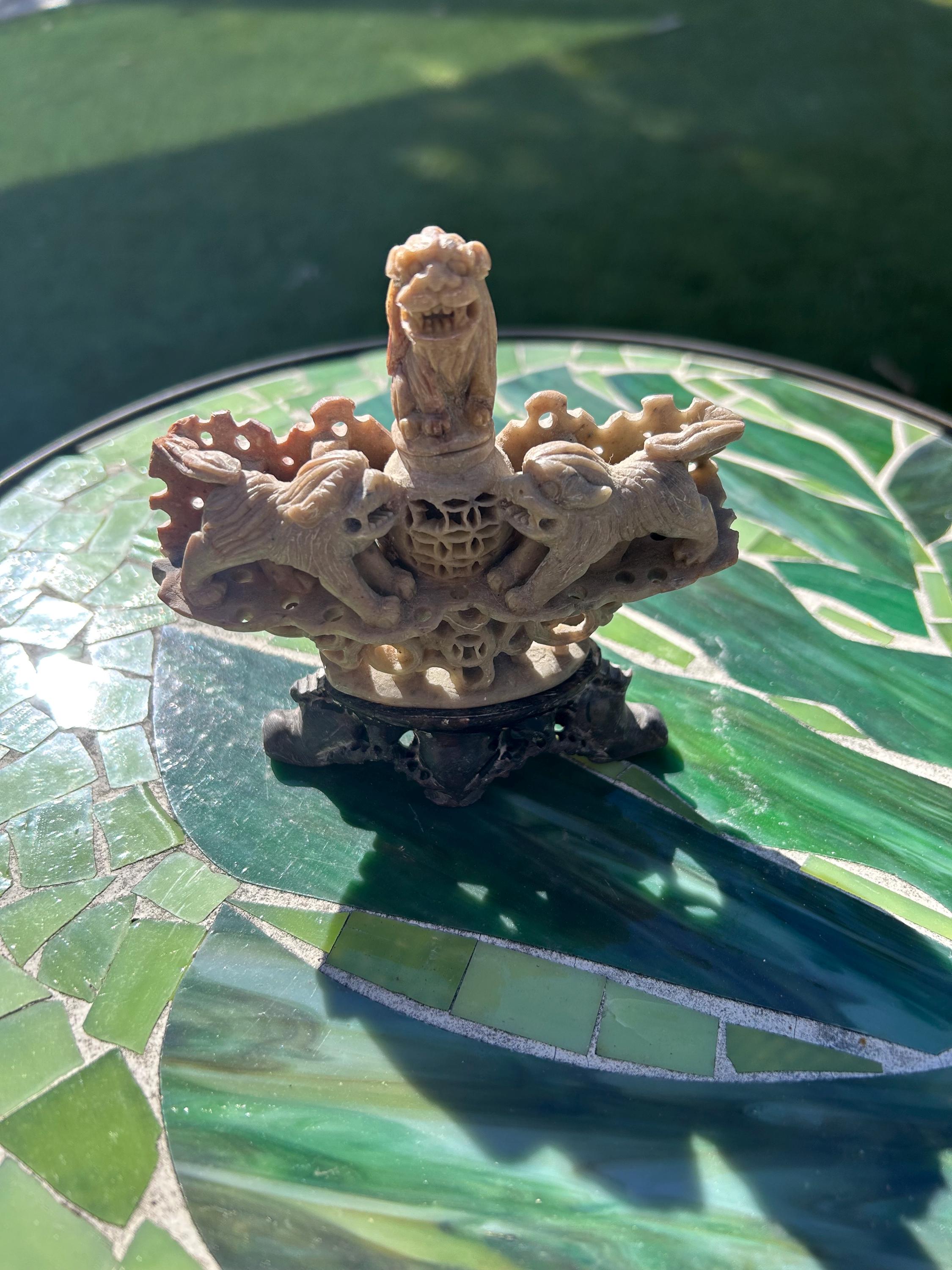 Incense Carved Soap Stone Statue Foo Dog Incense Burner 4.75