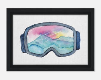 Framed Canvas Art - Watercolor Ski Goggles with Blue Mountains by Julie Dean Hughes