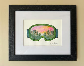 SKI Goggle Original Watercolor - Green/Teal Goggle Frame with Trees (5x7 art/8x10 framed)