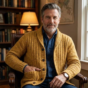 May include: A mustard yellow knit cardigan with a shawl collar and front buttons, worn over a dark blue button-down shirt. The cardigan features a ribbed texture and two front pockets. A brown leather strap watch is worn on the left wrist.