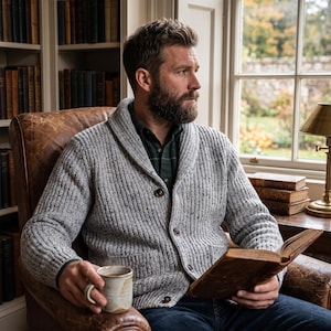 May include: A light gray speckled knit cardigan with a shawl collar and dark buttons, worn over a dark green plaid shirt. The cardigan features a ribbed texture and two front pockets, providing a classic look for cooler weather and indoor settings.