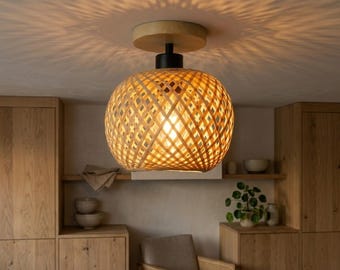 Plafoniera in bambù stile boho, lampada a incasso in rattan intrecciato, illuminazione calda e accogliente, decorazioni naturali per la casa, luce per camera da letto e soggiorno