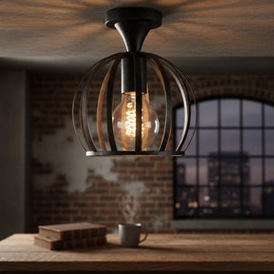 Op de afbeelding: Een zwarte, industriële plafondlamp met een bolvormig kooiontwerp. Het heeft een vintage Edison-lamp. De achtergrond omvat een bakstenen muur en een houten tafel.