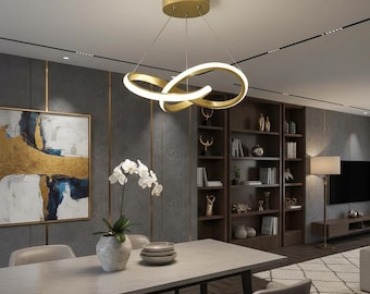 Lámpara de araña LED dorada con anillos entrelazados | Lámpara colgante moderna con diseño infinito | Iluminación para comedor