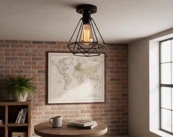 Lampada a gabbia geometrica | Apparecchio industriale in metallo nero | Lampada da soffitto in stile moderno rustico