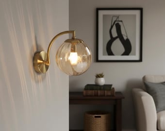 Ribbed Glass Globe | Brass Wall Sconce | Modern Accent Lighting