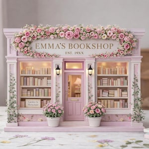 May include: A miniature pink bookstore with the sign "EMMA'S BOOKSHOP" and the text "EST. 19XX". The shop is decorated with flowers and has shelves filled with books. Two small flower pots sit in front of the shop.