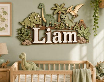 Decoración de pared de madera personalizada con nombre de bebé dinosaurio, letrero con nombre personalizado para la habitación del bebé, letrero decorativo para la habitación de un niño, regalo de decoración para la habitación del bebé dinosaurio