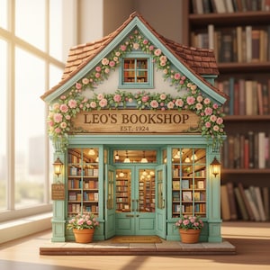 May include: A miniature model of Leo's Bookshop, established in 1924. The shop features a teal facade, a brown roof, and is adorned with pink flowers. The interior is filled with bookshelves and warm lighting, with a welcome mat at the entrance.