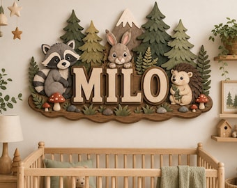 Personalized Woodland Baby Name Sign, Custom Forest Animal Nursery Decor, Wooden Baby Name Plaque, Bunny Fox Raccoon Nursery Sign