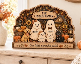 Letrero de madera personalizado para la familia fantasma de Halloween, decoración otoñal en bloques de madera 2D, regalo de Halloween para la familia, nombre de nuestra pandilla de fantasmas, decoración rústica.