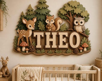 Custom Woodland Baby Name Forest Adventure Sign Decor, Personalized Kids Room 3D Wood Wall Art, Nature Nursery Gift, Wooden Name Sign
