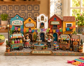 Decoración en miniatura de la calle mexicana, letrero de madera del Cinco de Mayo, escena de mercado de fiesta, exhibición colorida en estante, regalo cultural
